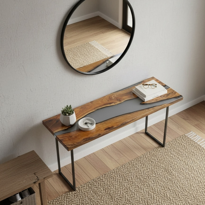 Epoxy resin console table with ocean river art crafted from live edge walnut wood, handmade for modern USA home decor.