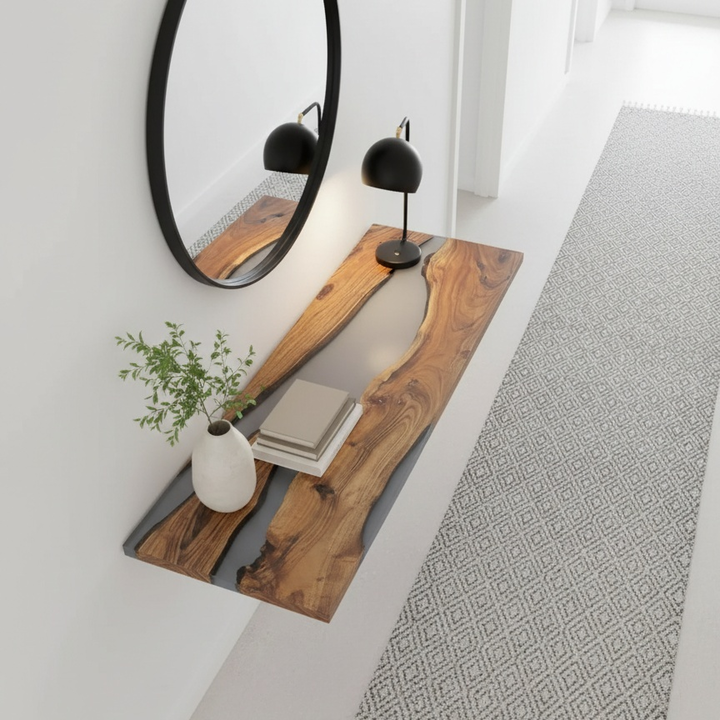 Epoxy Resin Console Table – Handmade Ocean River Art in Live Edge Walnut Wood - Image 4