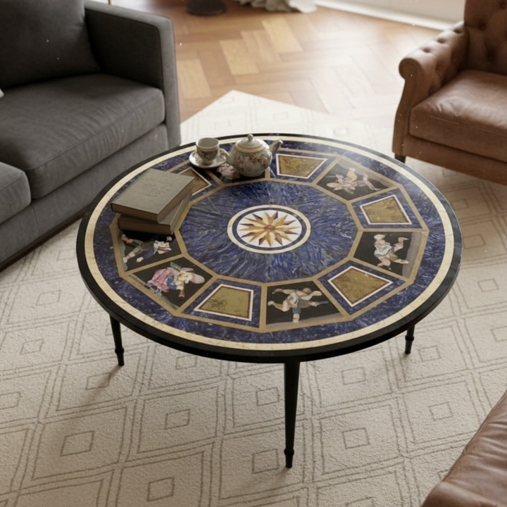 Handmade black marble coffee table with lapis lazuli stone inlay design
