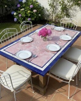 Rose Quartz Table with Lapis Border – Handcrafted Luxury Stone by Emkay Handicraft Exports