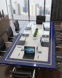 White Quartz Stone Table with Lapis Lazuli Border – Handcrafted Luxury Gemstone Furniture