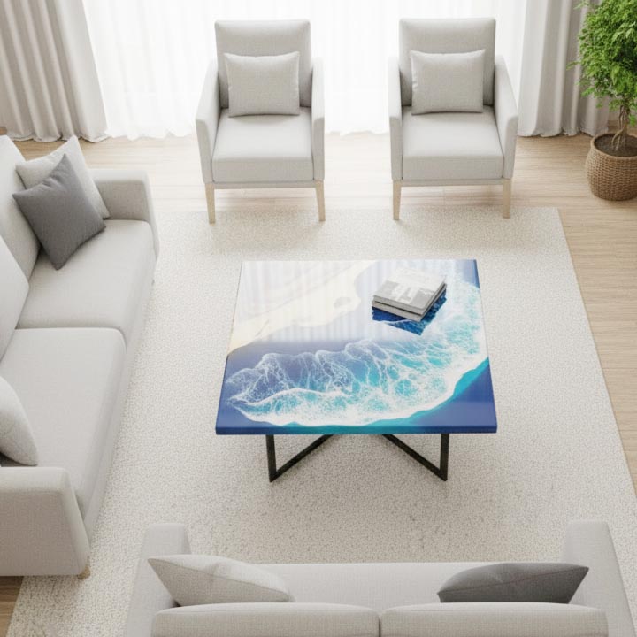 Square Blue Ocean Resin Table | Handmade Epoxy Art Furniture for Living Room - Image 3