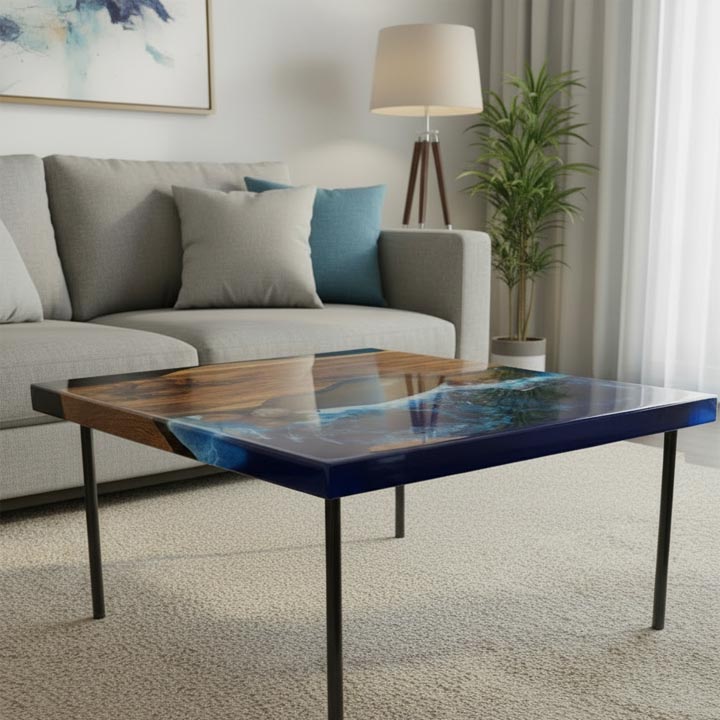 Square Blue Ocean Epoxy Resin Coffee Table | Coastal Modern Home Decor - Image 3