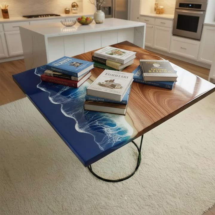 Square Blue Ocean Epoxy Resin Coffee Table | Coastal Modern Home Decor - Image 3