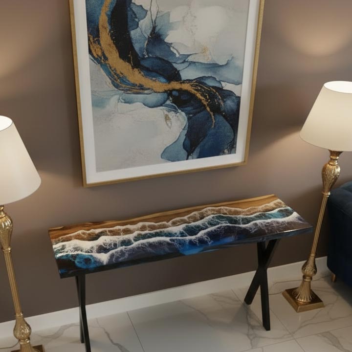 Epoxy Resin Console Table – Ocean River Art in Live Edge Walnut Wood - Image 4