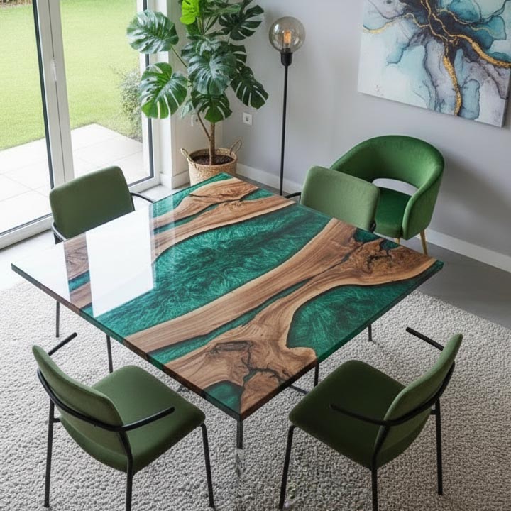 Luxury Green Epoxy Square Coffee Table | Contemporary Home Decor Furniture - Image 2