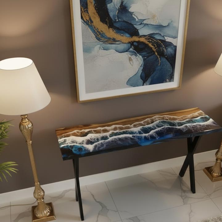 Epoxy resin console table with ocean river art made from live edge walnut wood, handmade luxury furniture.