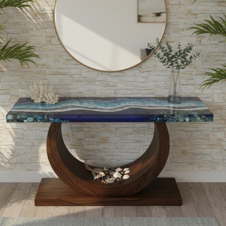 Epoxy Resin Console Table – Ocean River Art, Live Edge Walnut Wood, Handmade - Image 4