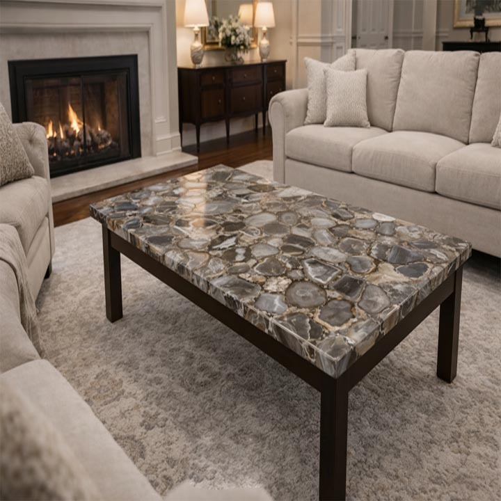 Handcrafted wild agate coffee table, natural semi-precious stone, luxury furniture, USA