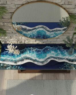 Epoxy Resin Console Table – Ocean River Art, Live Edge Walnut Wood, Handmade