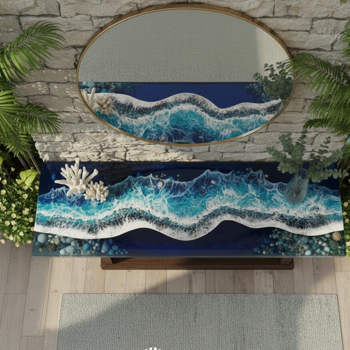 Epoxy Resin Console Table – Ocean River Art, Live Edge Walnut Wood, Handmade