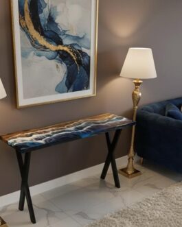 Epoxy Resin Console Table – Ocean River Art, Live Edge Walnut Wood, Handmade
