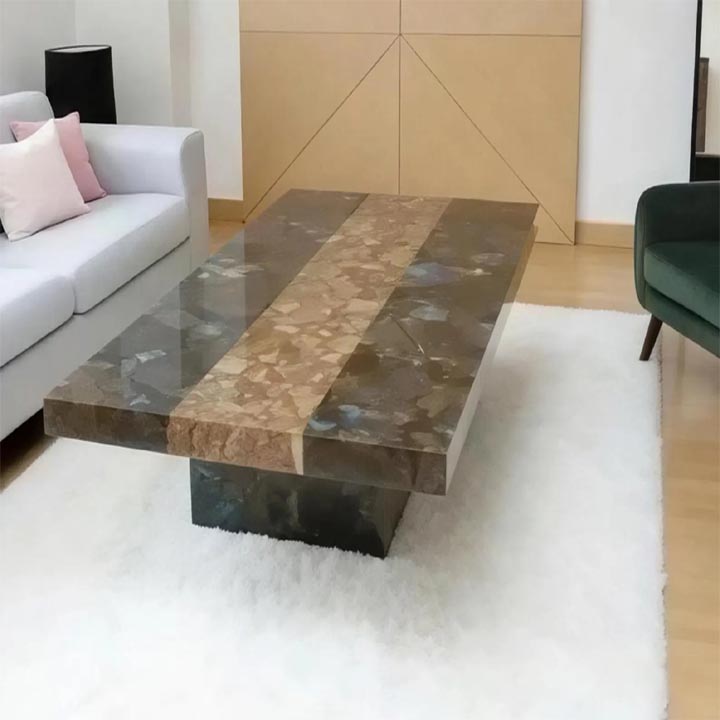 Designer labradorite sofa table made from premium crystal stone with polished luxury finish