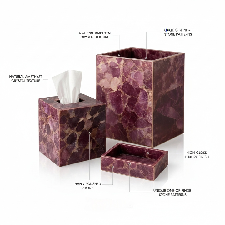 Purple Agate Gemstone Bathroom Set | Tissue Box, Soap Tray & Waste tub - Image 3