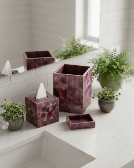 Purple Agate Gemstone Bathroom Set | Tissue Box, Soap Tray & Waste tub