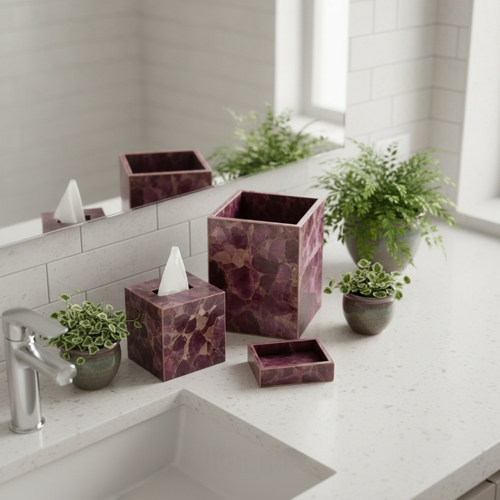 Purple Agate Gemstone Bathroom Set | Tissue Box, Soap Tray & Waste tub