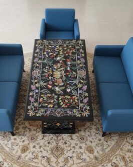 Luxury Black Marble Center Table | Handcrafted Semi-Precious Fruit & Floral Pietra Dura Inlay