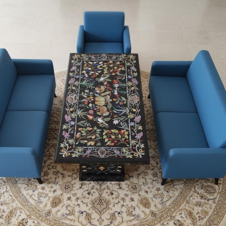 Luxury Black Marble Center Table | Handcrafted Semi-Precious Fruit & Floral Pietra Dura Inlay - Image 2