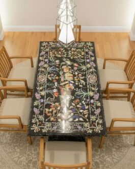 Luxury Black Marble Center Table | Handcrafted Semi-Precious Fruit & Floral Pietra Dura Inlay