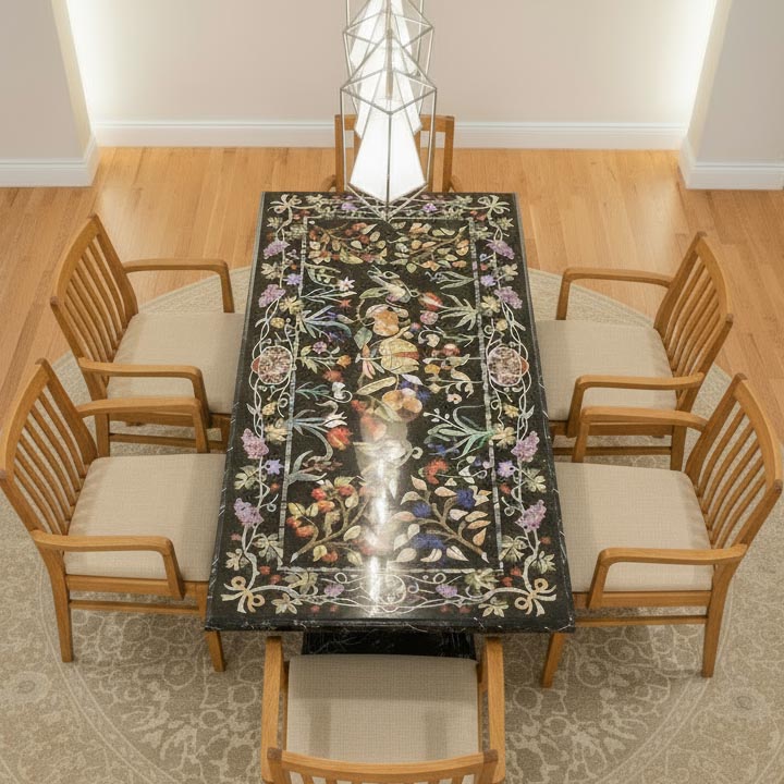 Luxury black marble center table with handcrafted fruit and floral Pietra Dura inlay