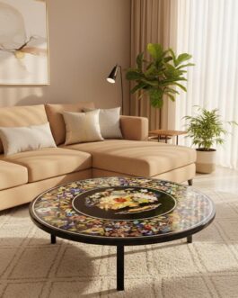 Handcrafted Black Marble Inlay Coffee Table | Pietradura Art Home Décor Piece