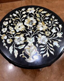 Elegant Round Black Marble Table | Handmade Pietradura Floral Art with Mother of Pearl