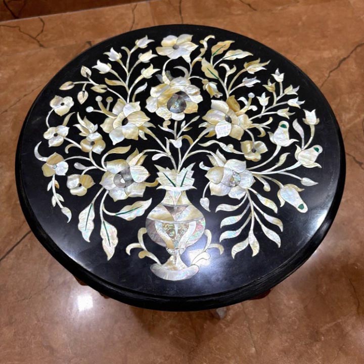 Elegant Round Black Marble Table | Handmade Pietradura Floral Art with Mother of Pearl - Image 2