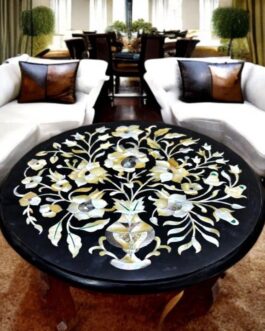 Elegant Round Black Marble Table | Handmade Pietradura Floral Art with Mother of Pearl