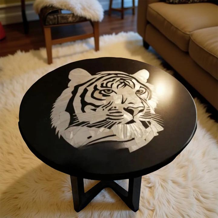 Black marble side table with mother of pearl tiger Pietradura inlay design