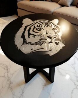 Black Marble Side Table with Mother of Pearl Inlay | Tiger Art Pietradura Stone Design
