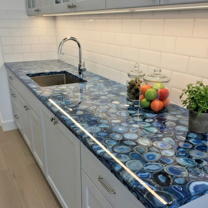 Artisan Blue Agate Crystal Countertop | Statement Semi-Precious Stone Surface