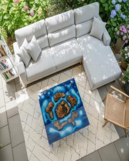 Square Ocean Blue Epoxy Resin Table | Handmade Resin Art Coffee Table | Modern Living Room Furniture