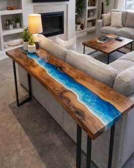 Handmade Ocean Epoxy Resin Console Table | Live Edge Walnut Wood | Modern Coastal Art Furniture