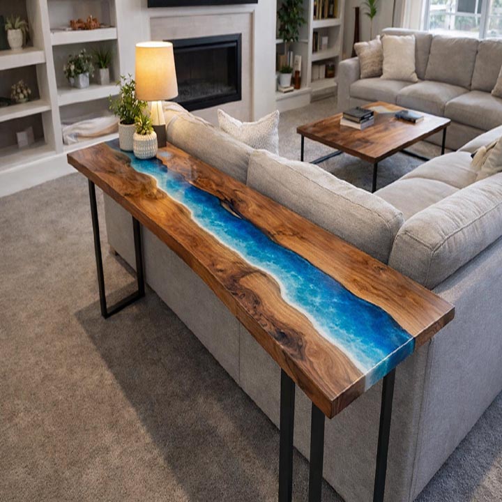 Ocean epoxy resin walnut console table with live edge wood and blue coastal resin design for modern luxury interiors.