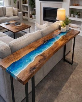 Handmade Ocean Epoxy Resin Console Table | Live Edge Walnut Wood | Modern Coastal Art Furniture