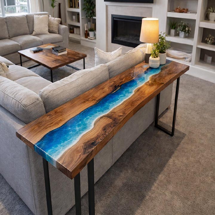 Handmade Ocean Epoxy Resin Walnut Console Table – Live Edge Coastal Furniture - Image 2