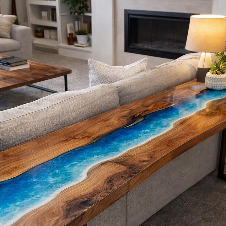 Handmade Ocean Epoxy Resin Walnut Console Table – Live Edge Coastal Furniture - Image 4