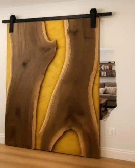 Yellow Epoxy Resin Barn Door | Handmade Wooden Sliding Door | Modern Rustic Home & Office Decor