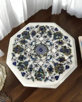 White Marble End Table with Paua Shell Inlay | Fine Floral Handmade Furniture