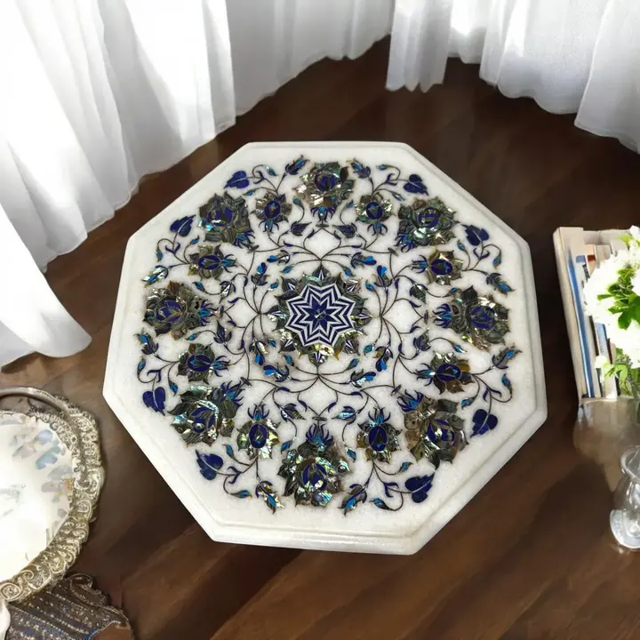 Handmade white marble end table with paua shell floral inlay design