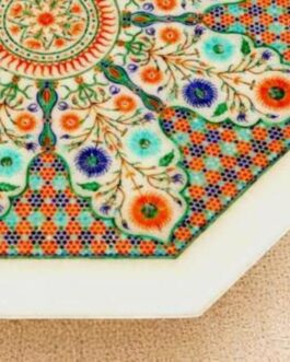 White Marble Coffee Table with Lapis Lazuli Semi-Precious Floral Inlay | Handmade Fine Art Furniture