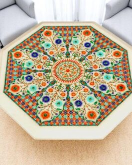 White Marble Coffee Table with Lapis Lazuli Semi-Precious Floral Inlay | Handmade Fine Art Furniture