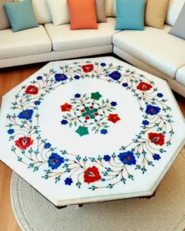 White Marble Side Table with Lapis Semi-Precious Inlay | Handmade Floral Art Furniture