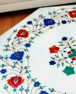 White Marble Side Table with Lapis Semi-Precious Inlay | Handmade Floral Art Furniture