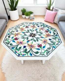 White Marble Coffee Table with Carnelian Floral Inlay | Handmade Fine Art Furniture