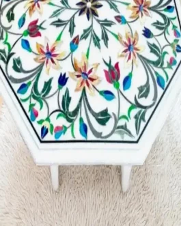 White Marble Coffee Table with Carnelian Floral Inlay | Handmade Fine Art Furniture