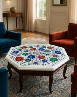 White Marble Coffee Table with Fine Floral Semi-Precious Pietra Dura Inlay | Handmade Art Furniture