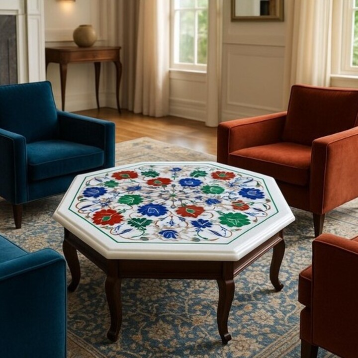 Handmade white marble coffee table with floral semi-precious Pietra Dura inlay design