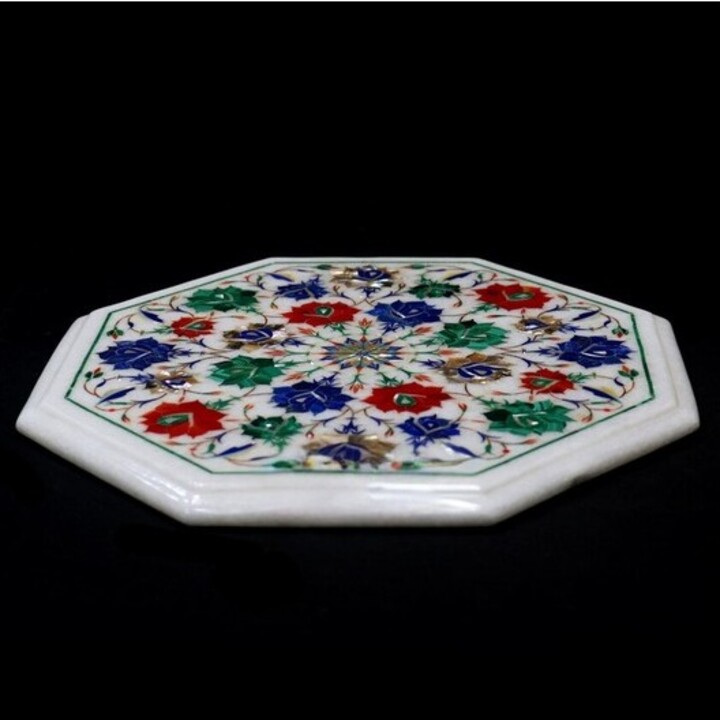 White Marble Coffee Table with Fine Floral Semi-Precious Pietra Dura Inlay | Handmade Art Furniture - Image 3