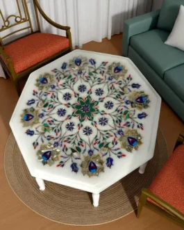 White Marble Side Table with Semi-Precious Floral Inlay | Handmade Fine Art Home Décor